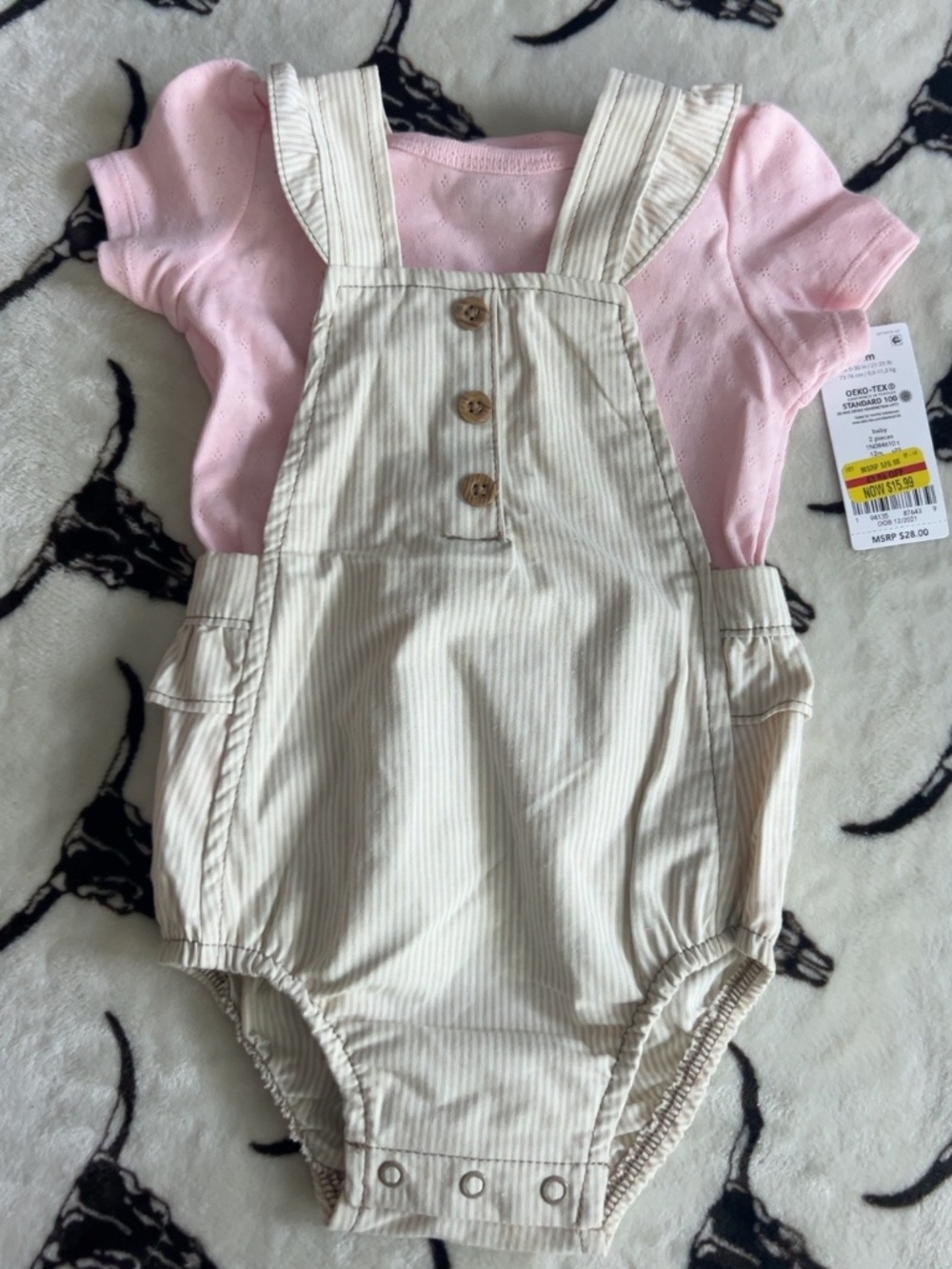 NWT Carter’s Baby Girl Pink Striped Overall Romper Set 12M